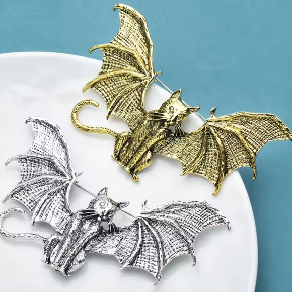 Vintage Wings Bat Cat Silver Brooch - Picture 10 of 10